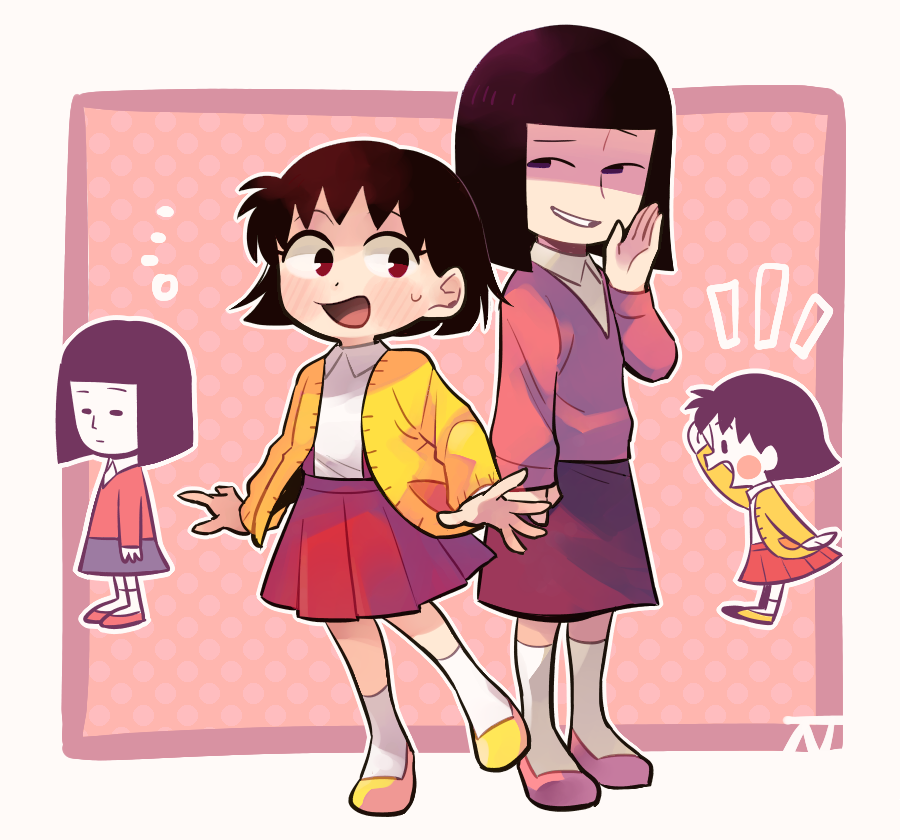 2girls, bangs, black_hair, blunt_bangs, blush_stickers, cardigan, chibi_maruko-chan, medium_skirt