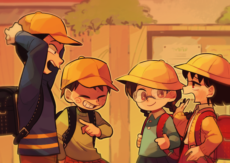 2boys, 2girls, arms_behind_head, backpack, bag, black_hair, braid, brothers