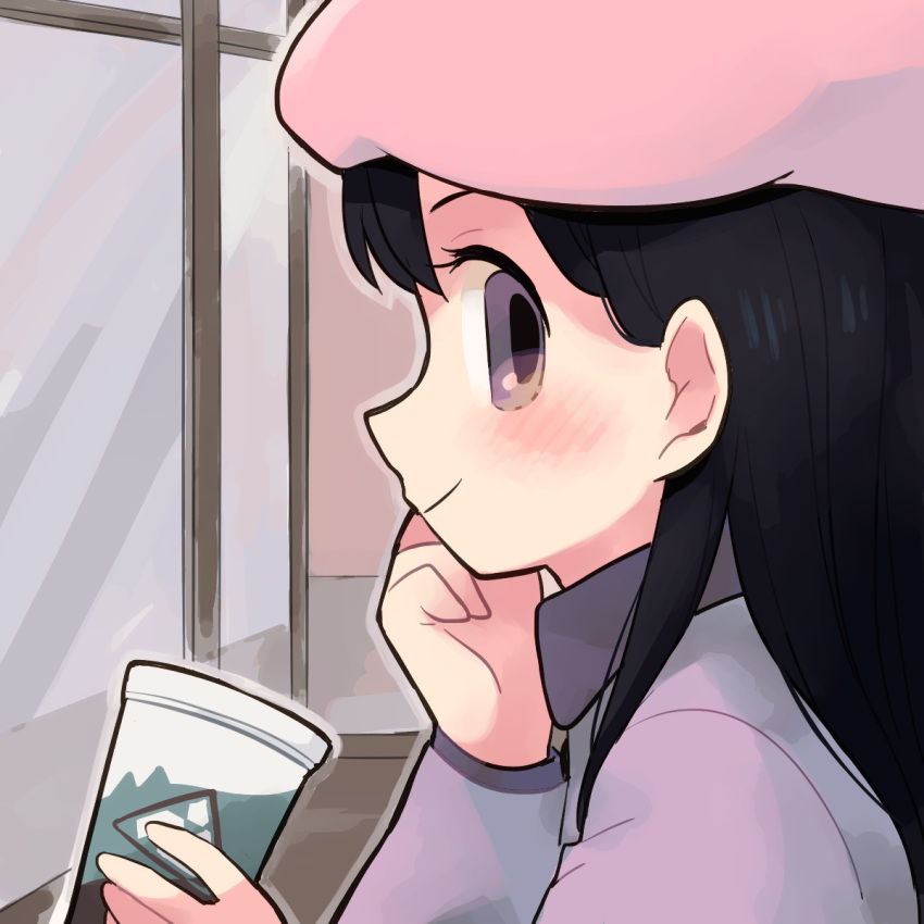 1girl, animification, black_hair, blush, cup, disposable_cup, from_side, hat, highres, long_hair, pink_headwear, profile, smile, solo, south_park, tsunoji, upper_body, violet_eyes, wendy_testaburger, window