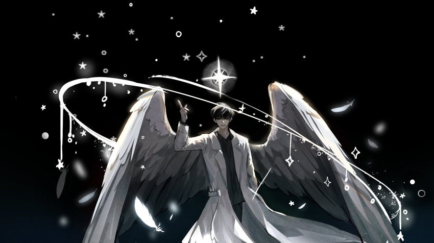 1boy, angel_wings, black_background, black_eyes, black_hair, black_shirt, collared_shirt, dark_background