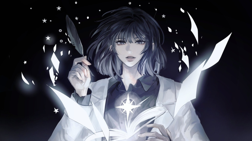 1girl, black_background, black_eyes, black_hair, black_shirt, book, collared_shirt, dark_background, evl_1230, feathers, han_sooyoung, highres, holding, holding_book, holding_feather, jacket, looking_at_viewer, omniscient_reader's_viewpoint, pages, parted_lips, quill, shirt, short_hair, solo, sooyoung_han, star_(symbol), upper_body, white_jacket