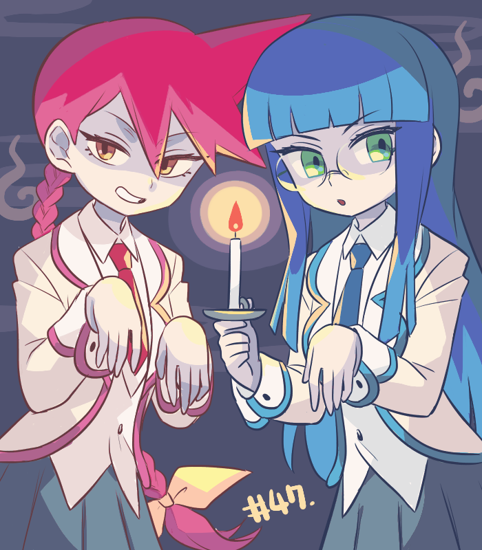 2girls, blue_hair, blue_necktie, braid, brown_eyes, candle, glasses, gloves