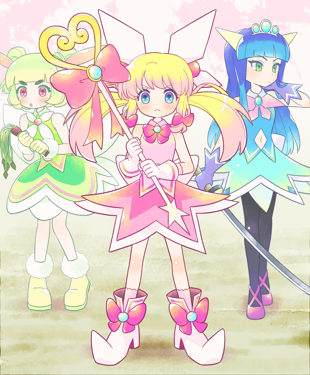 azuchimomoyama_kurumi, blonde_hair, blue_dress, blue_eyes, blue_hair, boots, bow, cat_o'_nine_tails