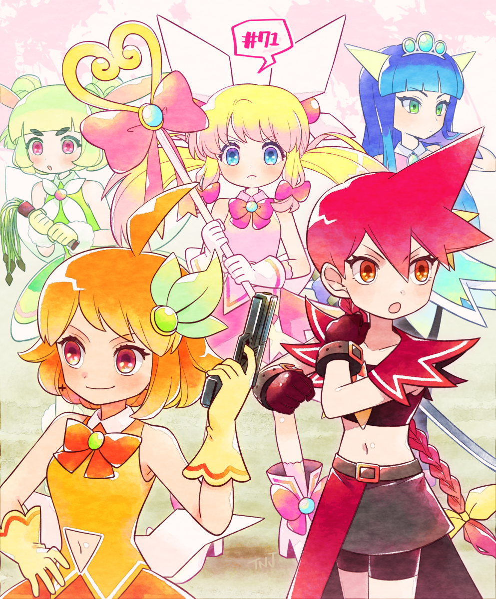 ahoge, azuchimomoyama_kurumi, bike_shorts, blonde_hair, blue_eyes, blue_hair, bow, braid