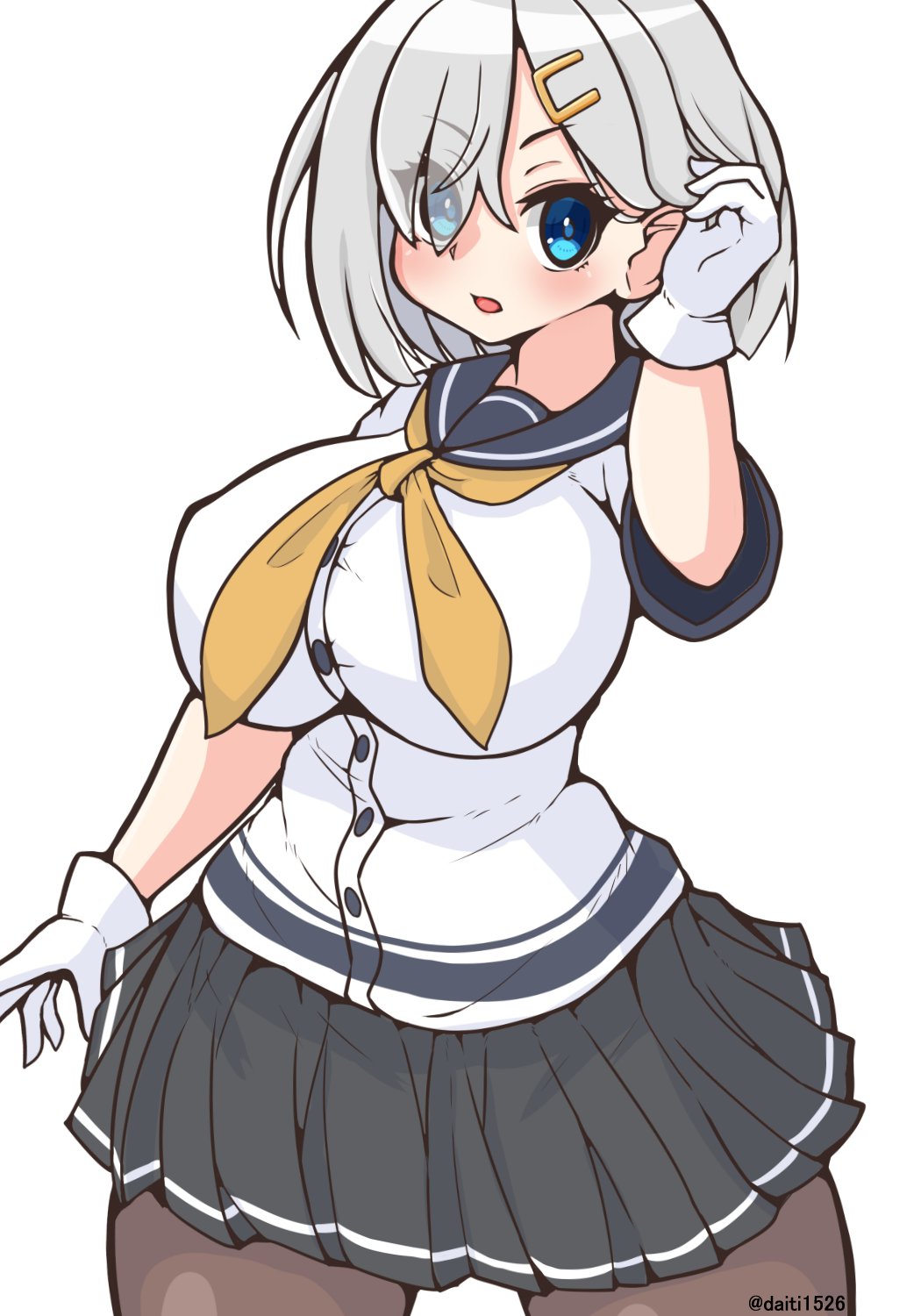 1girl, between_breasts, black_pantyhose, blue_eyes, breasts, cowboy_shot, daichi_(daiti1318), gloves
