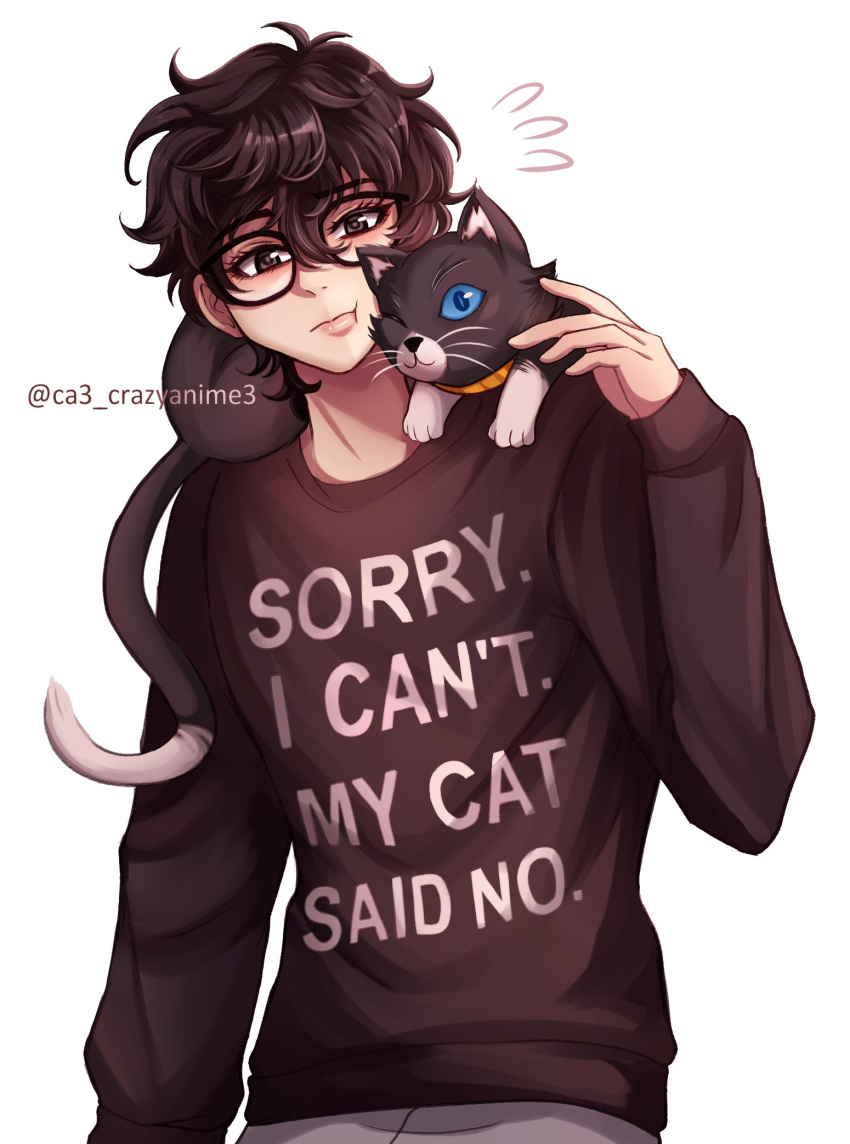 1boy, amamiya_ren, animal, animal_on_shoulder, artist_name, black_cat, black_eyes, black_hair