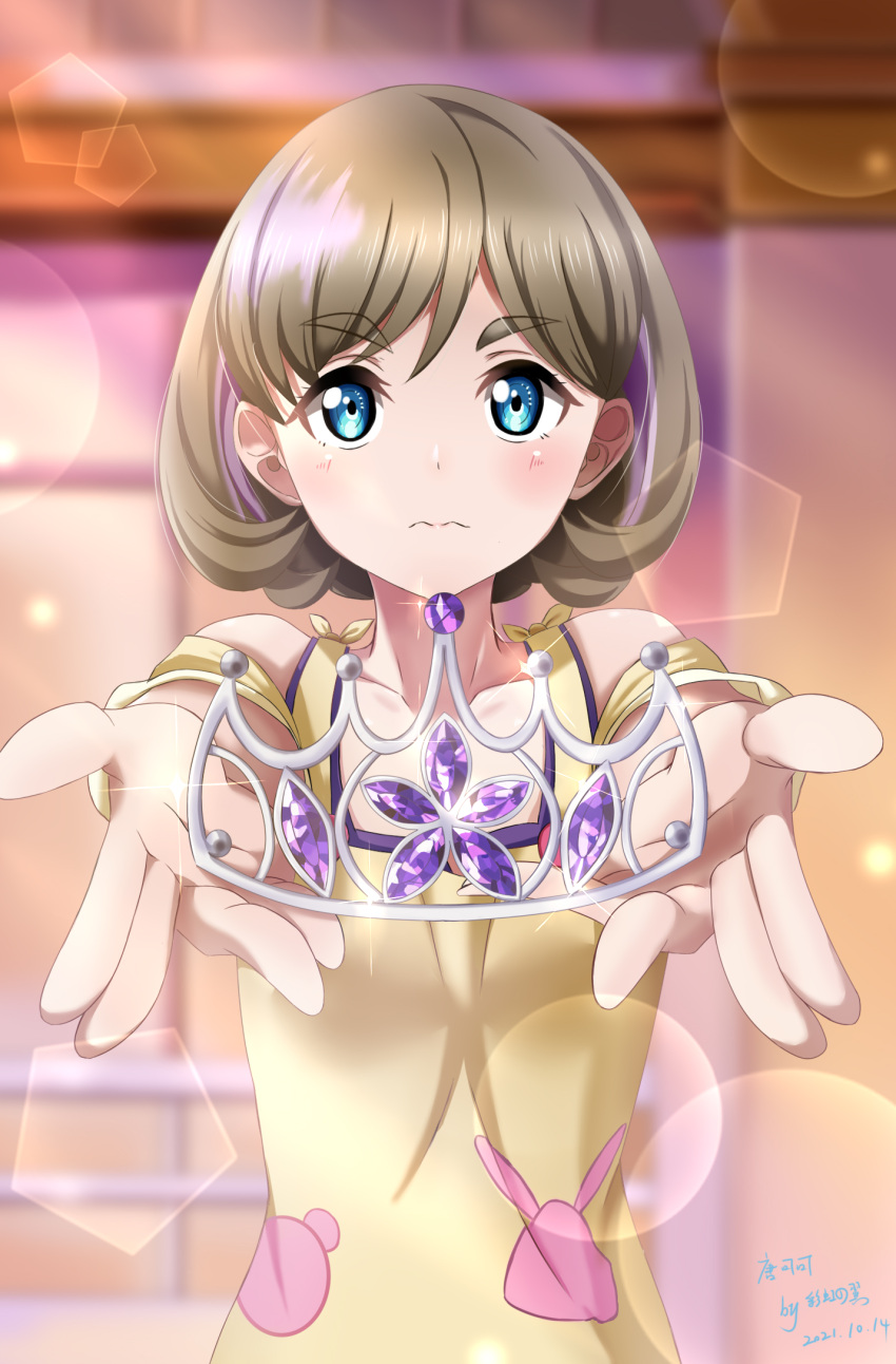 1girl, 3:, artist_name, blue_eyes, blurry, blurry_background, blush, brown_hair
