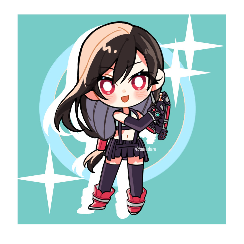 1girl, bare_shoulders, black_hair, black_skirt, black_thighhighs, blush, boots, chibi