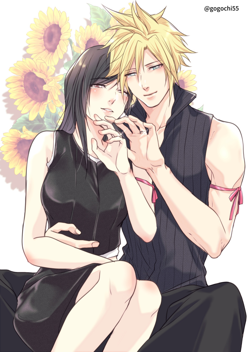 1boy, 1girl, arm_ribbon, bare_shoulders, black_hair, blonde_hair, blue_eyes, blush, breasts, cloud_strife, couple, final_fantasy, final_fantasy_vii, final_fantasy_vii_advent_children, floral_background, flower, gogochi55, happy_tears, hetero, high_collar, highres, hug, jewelry, long_hair, red_eyes, ribbon, ring, shirt, sitting, sleeveless, spiky_hair, sunflower, tears, tifa_lockhart