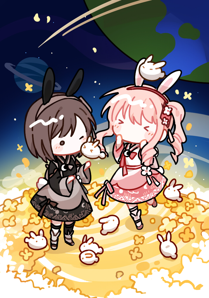 >_<, 1girl, 1other, 2girls, akiyama_mizuki, animal_ears, blush, brown_dress