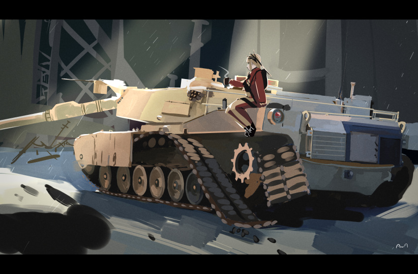 1girl, absurdres, bangs, black_footwear, blonde_hair, commentary, cup, full_body, gloves, green_eyes, ground_vehicle, highres, holding, holding_cup, jacket, letterboxed, long_hair, long_sleeves, looking_away, military, military_vehicle, motor_vehicle, original, pants, red_gloves, red_jacket, red_pants, sitting, snowflakes, solo, sutekina_awa, tank, winter