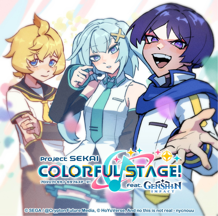 1girl, 2boys, :d, ahoge, aqua_eyes, aqua_hair, bangs, black_hair