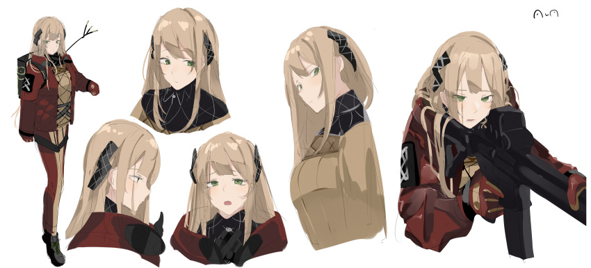 1girl, absurdres, bangs, black_footwear, blonde_hair, brown_sweater, closed_mouth, commentary