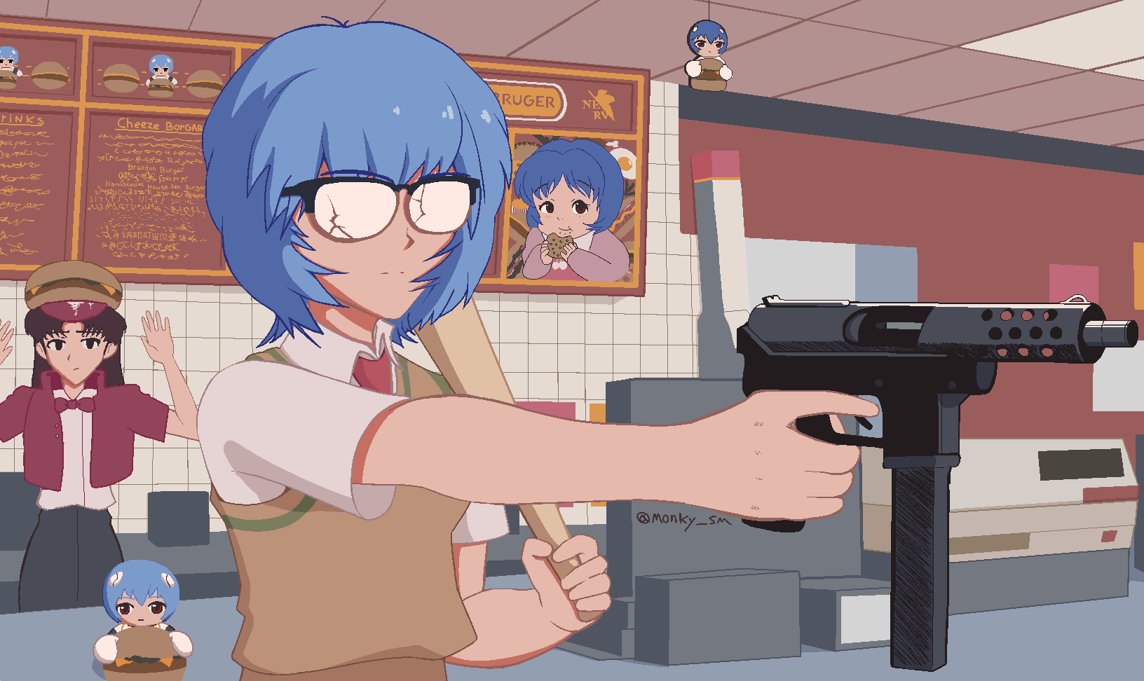 2girls, alternate_costume, artist_name, ayanami_rei, bangs, baseball_bat, black_eyes, blue_eyes