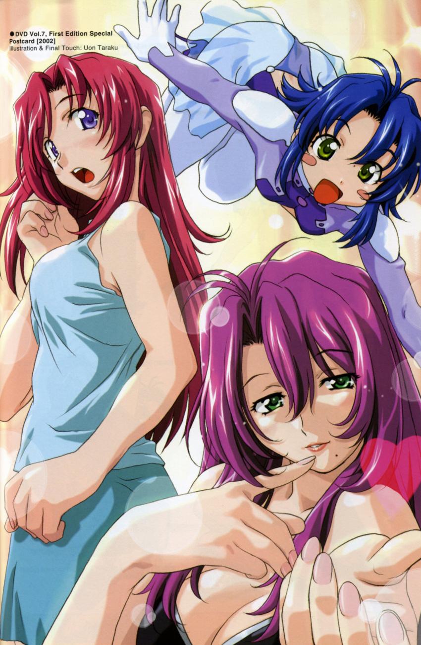 3girls, :o, absurdres, antenna_hair, blue_eyes, blue_hair, blush, blush_stickers