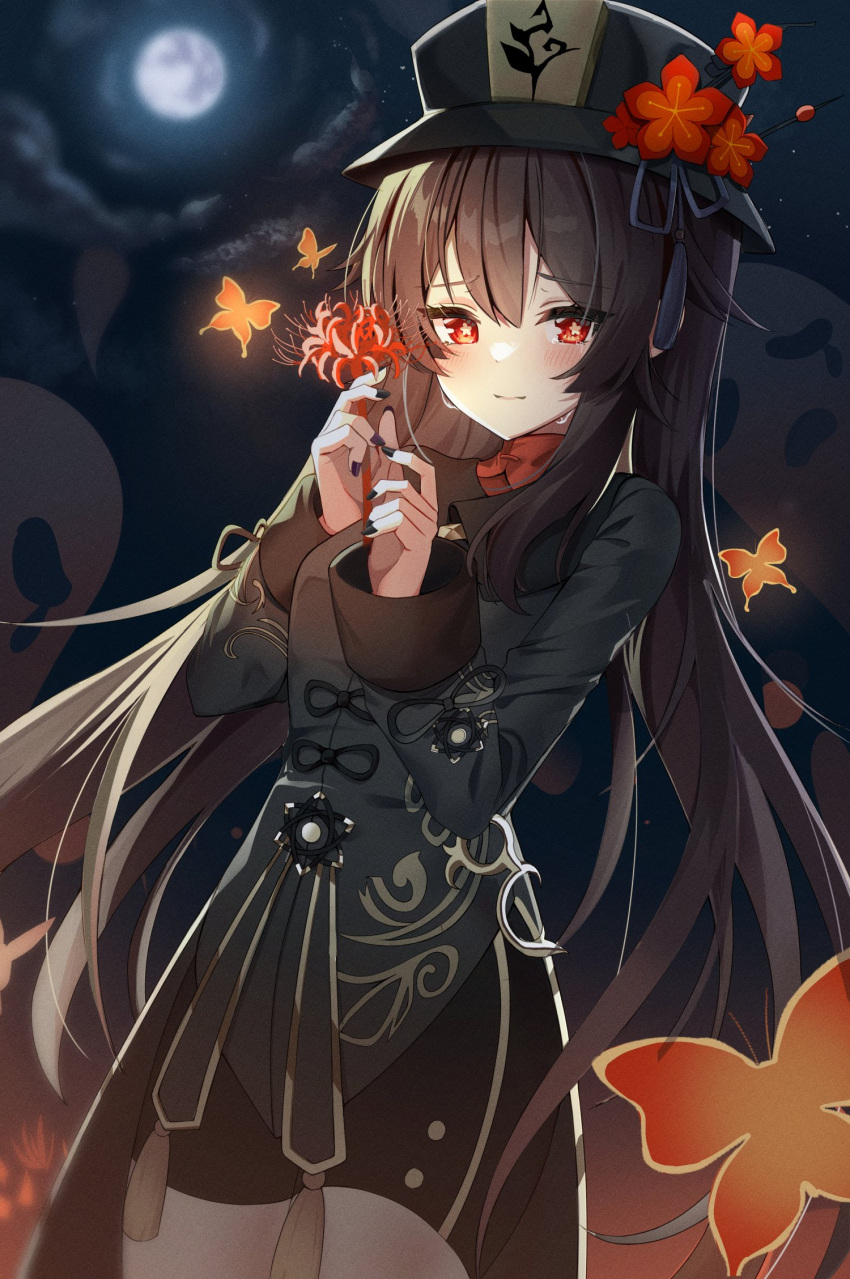 1girl, black_hair, black_headwear, black_nails, black_shorts, bow, breasts, brown_hair