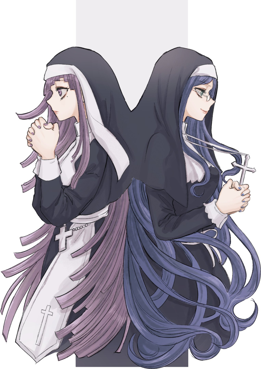 2girls, alternate_costume, bangs, black_background, blue_hair, brown_hair, cropped_legs, cross