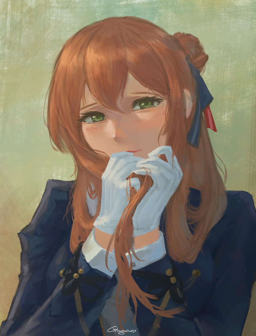 1girl, absurdres, arms_up, artist_name, bangs, blue_jacket, blush, brown_hair