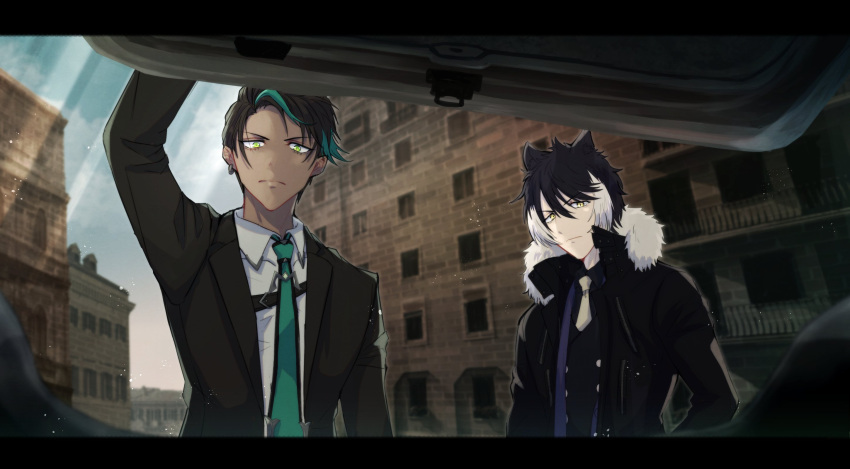 2boys, animal_ears, aragami_oga, arm_up, black_coat, black_hair, black_jacket, black_shirt, black_vest, brick_wall, building, car_trunk, closed_mouth, coat, collared_shirt, comb_over, dark-skinned_male, dark_skin, earrings, fur-trimmed_coat, fur_trim, green_eyes, green_necktie, grey_hair, hair_between_eyes, highres, holostars, jackal_boy, jackal_ears, jacket, jewelry, kageyama_shien, looking_at_viewer, mafia_(holostars), male_focus, multicolored_hair, multiple_boys, necktie, official_alternate_costume, open_clothes, open_coat, pov, sasago335, serious, shirt, short_hair, single_earring, streaked_hair, suit_jacket, two-tone_hair, vest, virtual_youtuber, white_hair, white_necktie, white_shirt, yellow_eyes