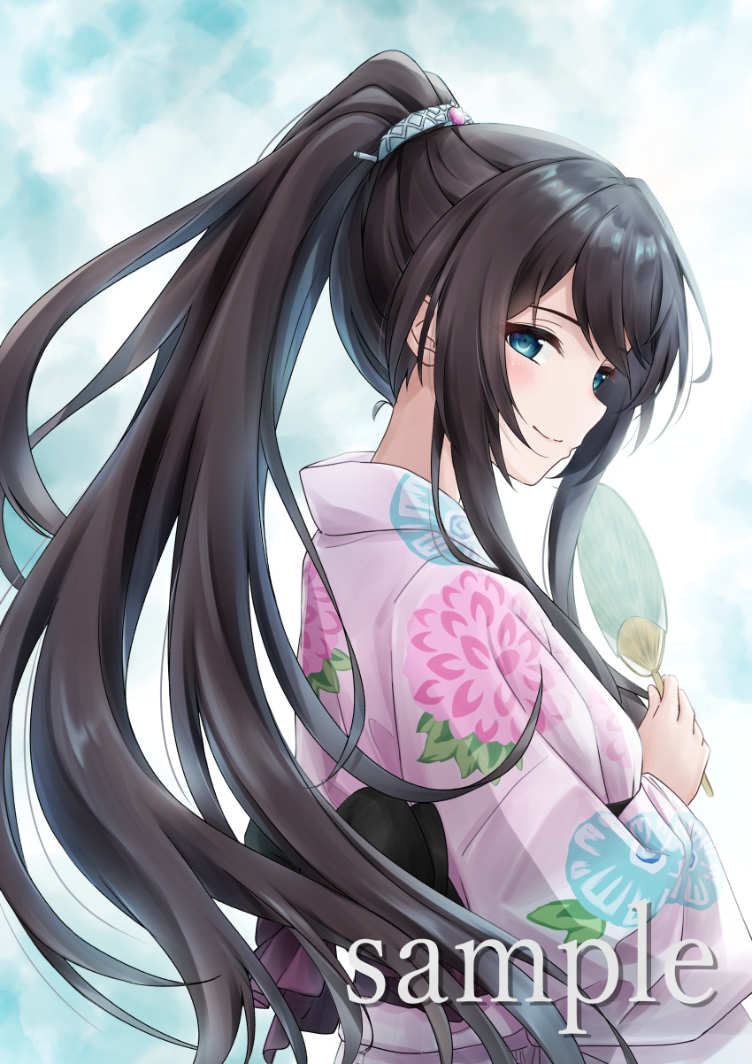1girl, absurdres, aqua_background, assault_lily, back_bow, bangs, black_bow, blue_eyes