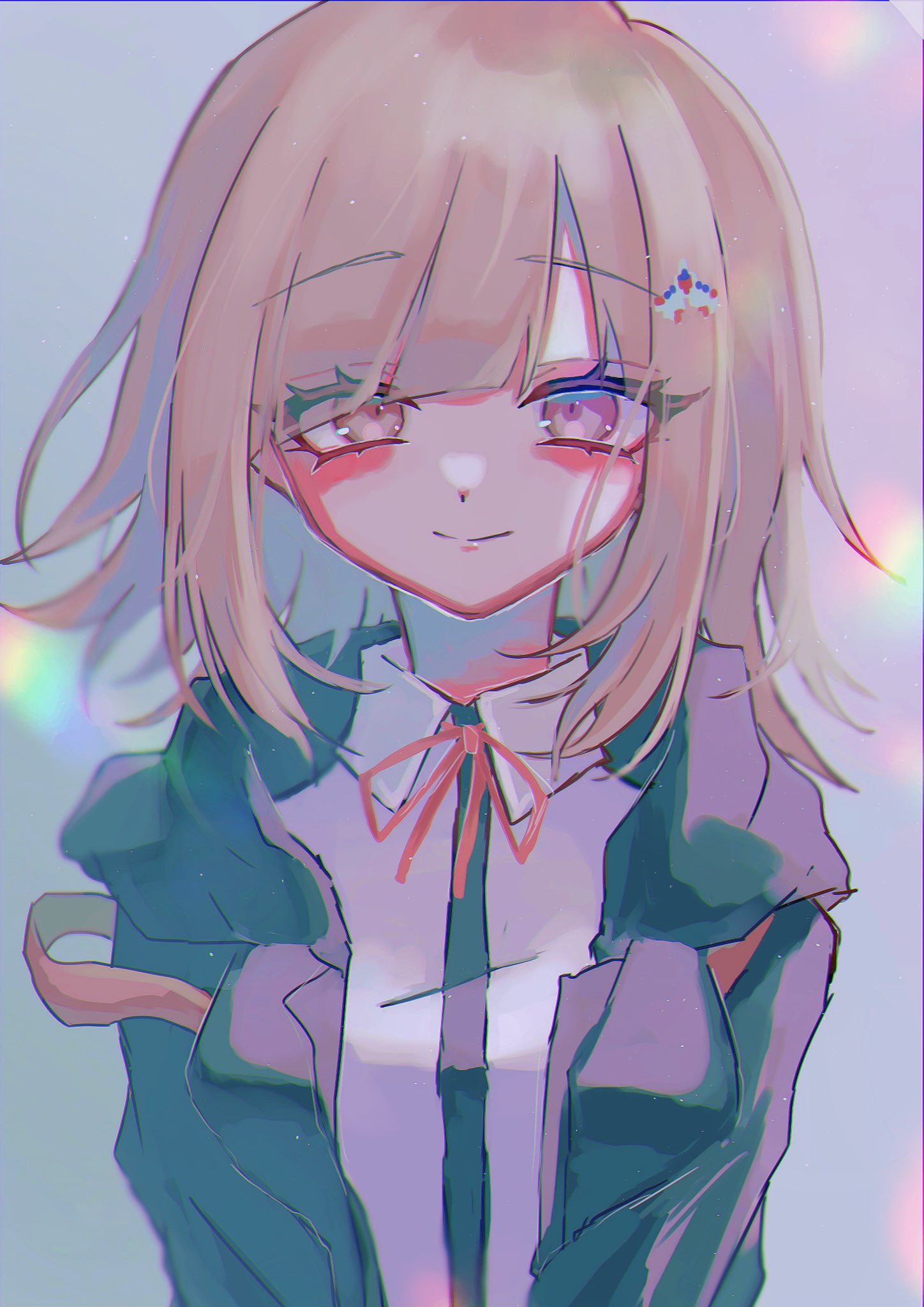 1girl, backpack, bag, bangs, black_jacket, breasts, brown_hair, collared_shirt