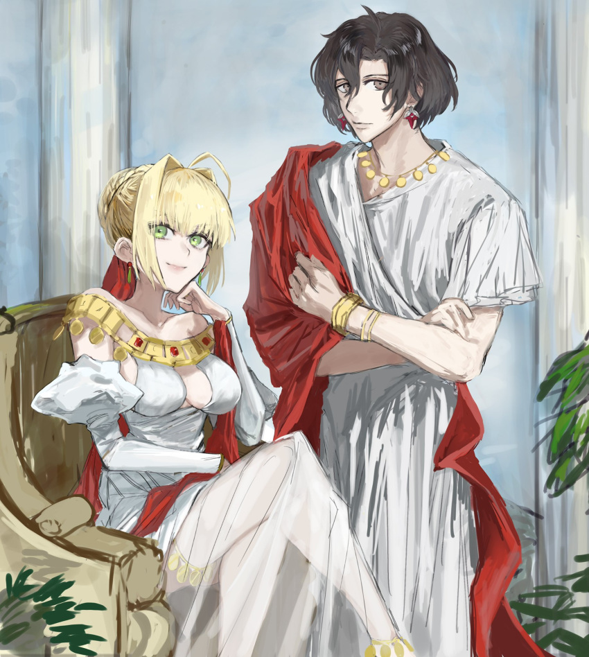 1boy, 1girl, :|, ahoge, alternate_costume, armchair, bangs, black_hair