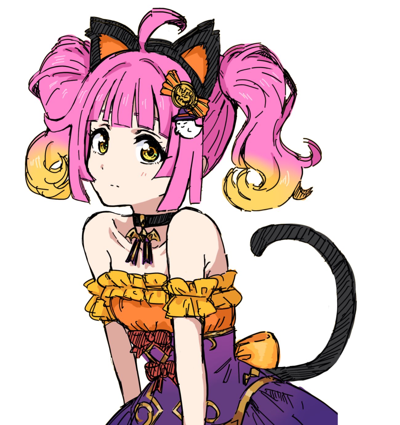 1girl, ahoge, animal_ears, bare_shoulders, bat_ornament, blonde_hair, cat_ears, cat_tail
