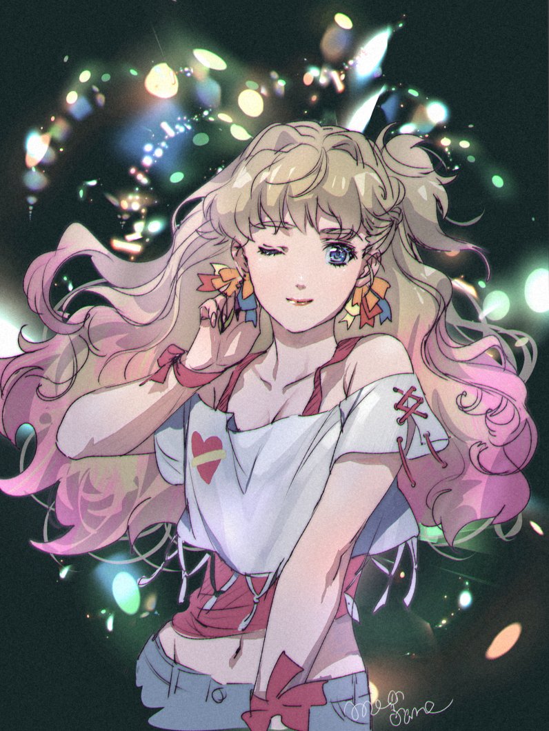 1girl, bangs, bare_shoulders, blonde_hair, blue_eyes, collarbone, crop_top, earrings, hand_up, jewelry, kikuya_megane, lipstick, long_hair, macross, macross_frontier, makeup, midriff_peek, navel, one_eye_closed, pink_hair, red_lips, ribbon, sheryl_nome, single_earring, smile, solo