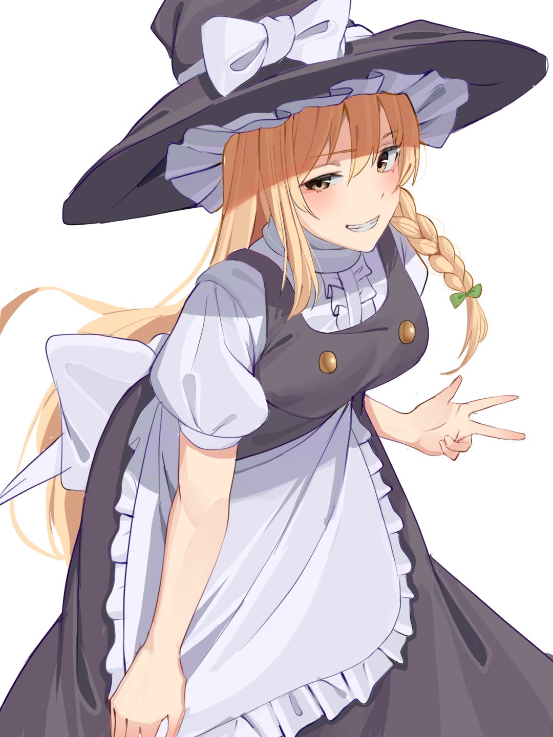 1girl, apron, bangs, bent_over, black_headwear, black_vest, blonde_hair, blush