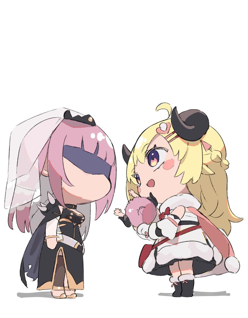 2girls, absurdres, ahoge, animal_ears, baby, bangs, black_cape, black_dress