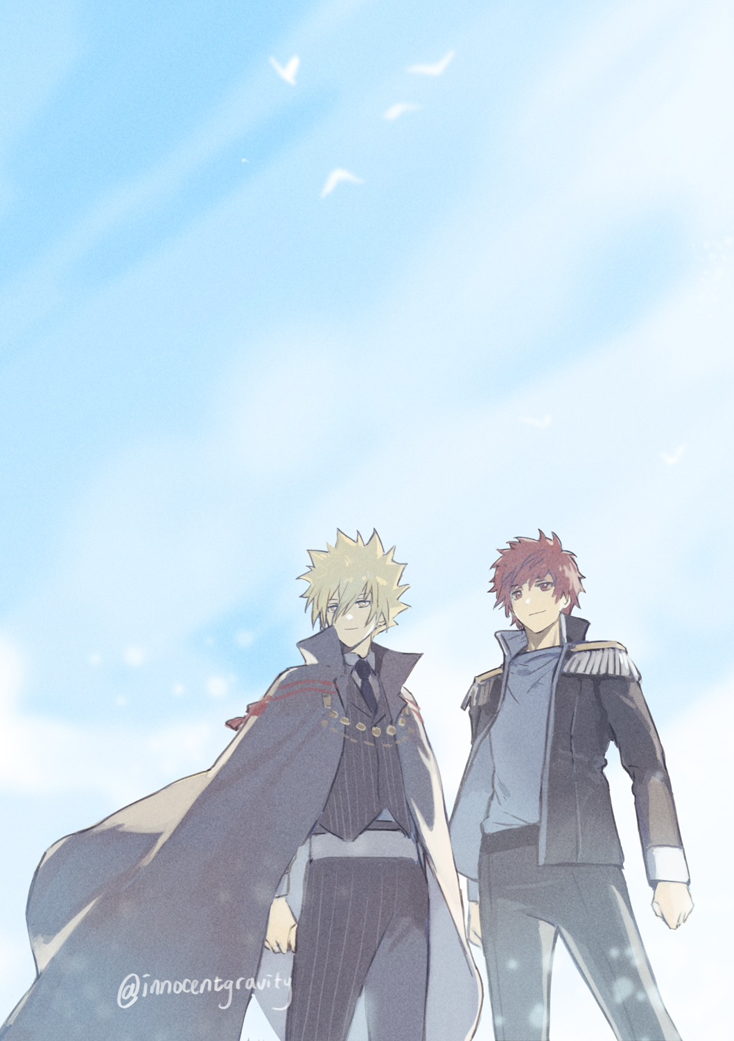 2boys, arms_at_sides, bangs, bird, black_cape, black_jacket, black_necktie, black_pants