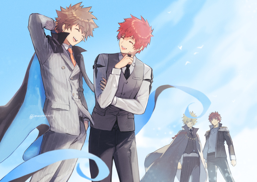 4boys, :d, ^_^, alternate_costume, arm_behind_head, bangs, bird, black_cape, black_jacket, black_necktie, black_pants, black_vest, blonde_hair, blue_sky, brown_hair, cape, cezaria, closed_eyes, collared_shirt, cowboy_shot, enma_kozato, epaulettes, formal, giotto_(reborn), grey_jacket, grey_pants, grey_shirt, grey_suit, grey_vest, hair_between_eyes, hand_in_pocket, hand_on_own_arm, highres, jacket, jewelry, katekyo_hitman_reborn, looking_at_another, male_focus, multiple_boys, necktie, open_clothes, open_jacket, open_mouth, orange_necktie, pants, pinstripe_pants, pinstripe_pattern, pinstripe_vest, red_eyes, redhead, ring, sawada_tsunayoshi, shirt, short_hair, simon_cozzato, sky, smile, spiky_hair, striped, suit, teeth, two-sided_fabric, upper_teeth, vest, white_shirt, yellow_eyes