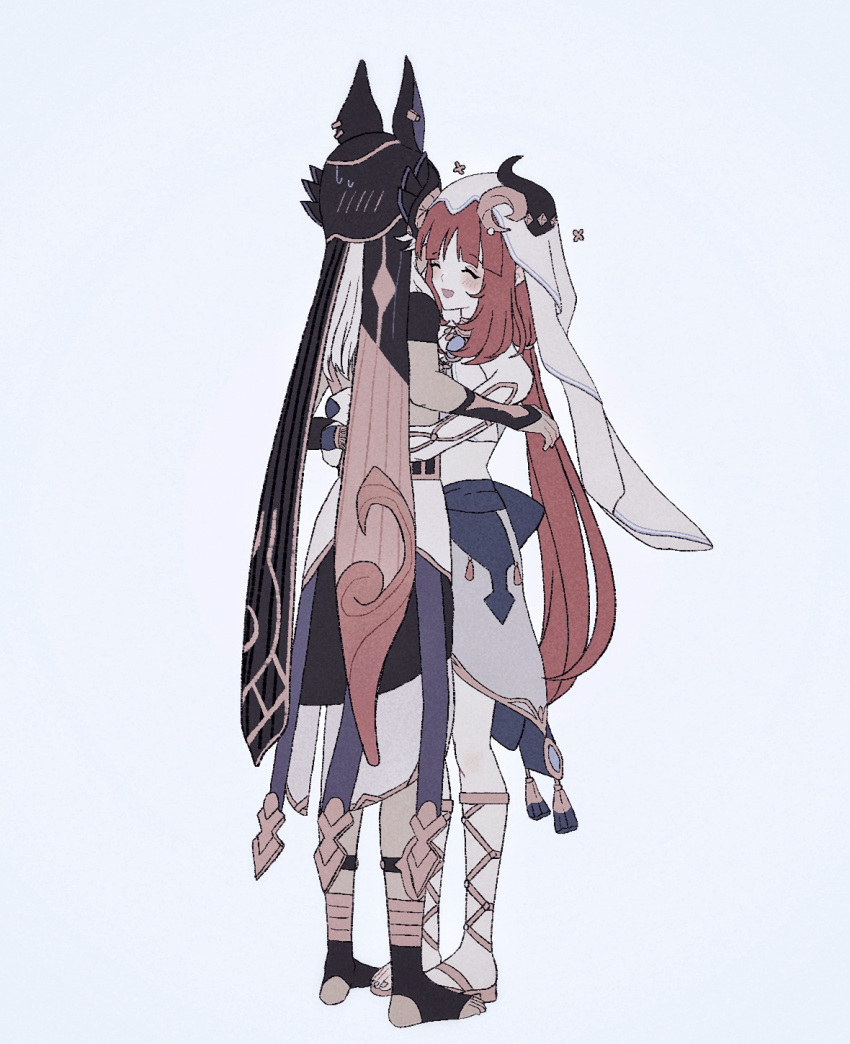 1boy, 1girl, ^_^, barefoot_sandals, black_shorts, black_socks, blue_background, blue_skirt