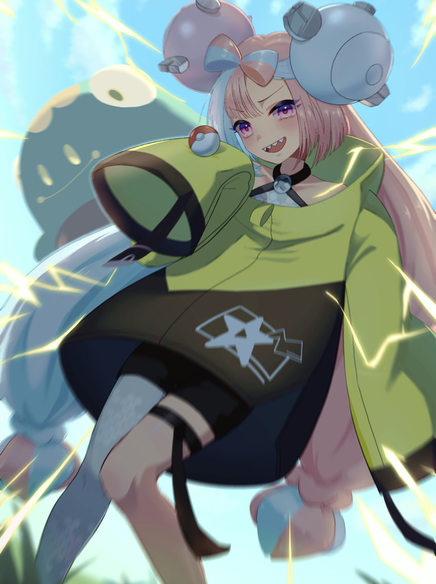 1girl, :d, absurdres, bellibolt, black_shorts, blue_hair, blurry, blush