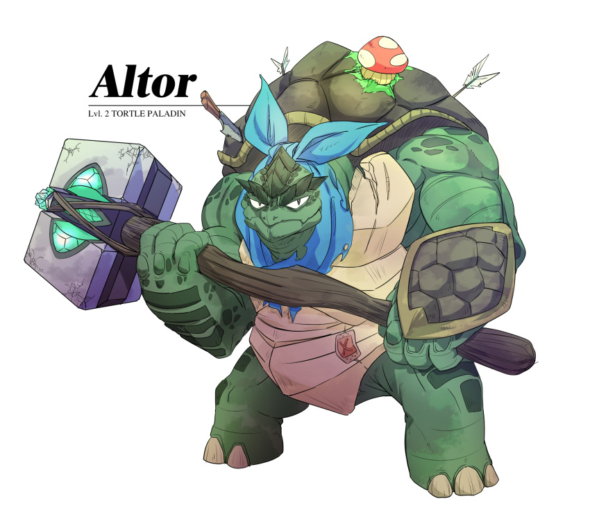 1boy, altor, animal, arrow_in_body, blue_neckerchief, dungeons_and_dragons, highres, holding, holding_weapon, holostars, holostars_english, knife, muscle, mushroom, neckerchief, paladin, pkoi, regis_altare, shell, simple_background, solo, tortoise, turtle, two-handed, war_hammer, weapon