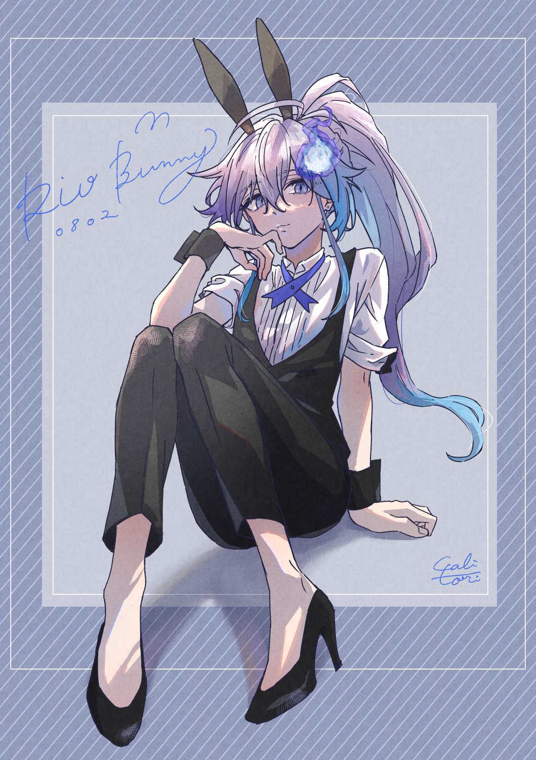 1boy, 1girl, :3, alternate_costume, animal_ears, aqua_hair, arm_support, black_footwear
