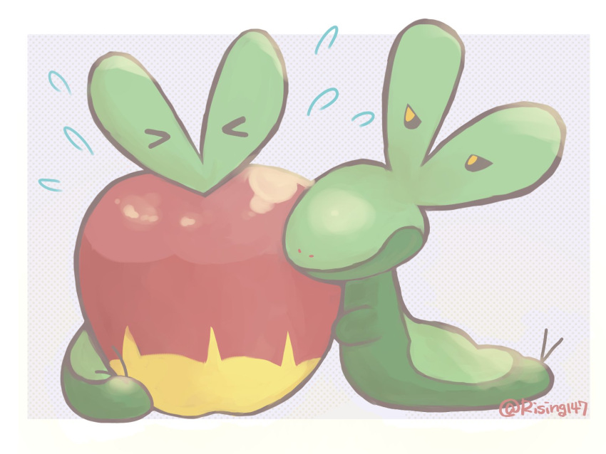 >_<, apple, applin, border, closed_eyes, commentary, flying_sweatdrops, food