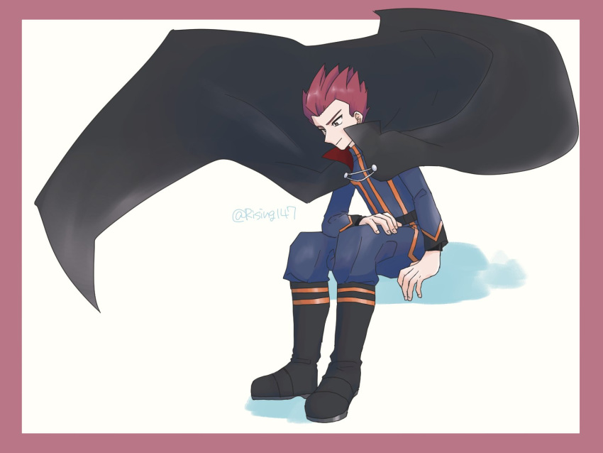 1boy, black_cape, black_footwear, boots, border, cape, closed_mouth, commentary_request