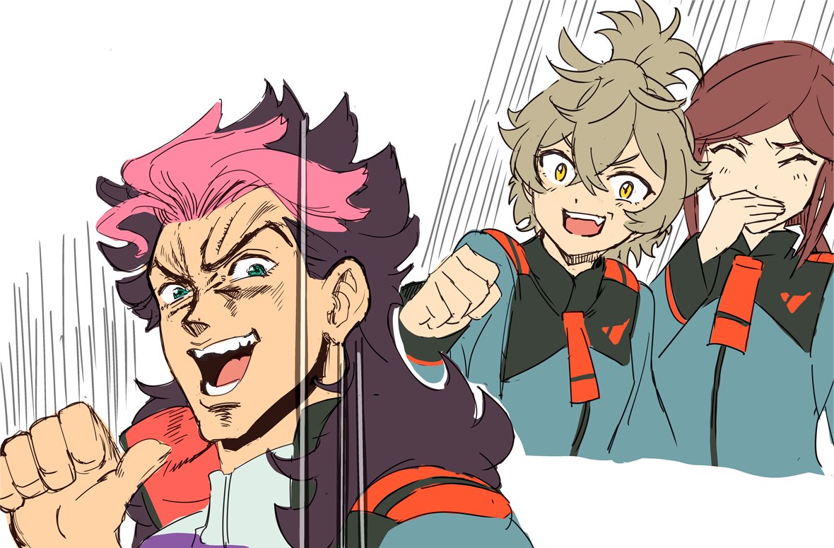 1boy, 2girls, ^_^, asticassia_school_uniform, blue_eyes, brown_hair, clenched_hand, closed_eyes, felsi_rollo, green_jacket, grey_shirt, guel_jeturk, gundam, gundam_suisei_no_majo, jacket, jojo_no_kimyou_na_bouken, kin-san_(sasuraiga), kono_dio_da_(meme), male_focus, medium_hair, meme, mole, mole_under_eye, multicolored_hair, multiple_boys, multiple_girls, open_mouth, parody, petra_itta, phantom_blood, pink_hair, ponytail, school_uniform, shirt, sketch, smile, two-tone_hair, v-shaped_eyebrows, white_background, yellow_eyes