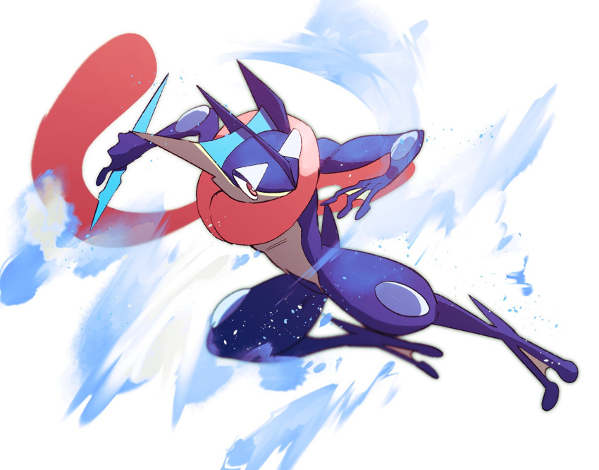 blurry, bright_pupils, commentary, full_body, greninja, highres, holding, morio_(poke_orio)