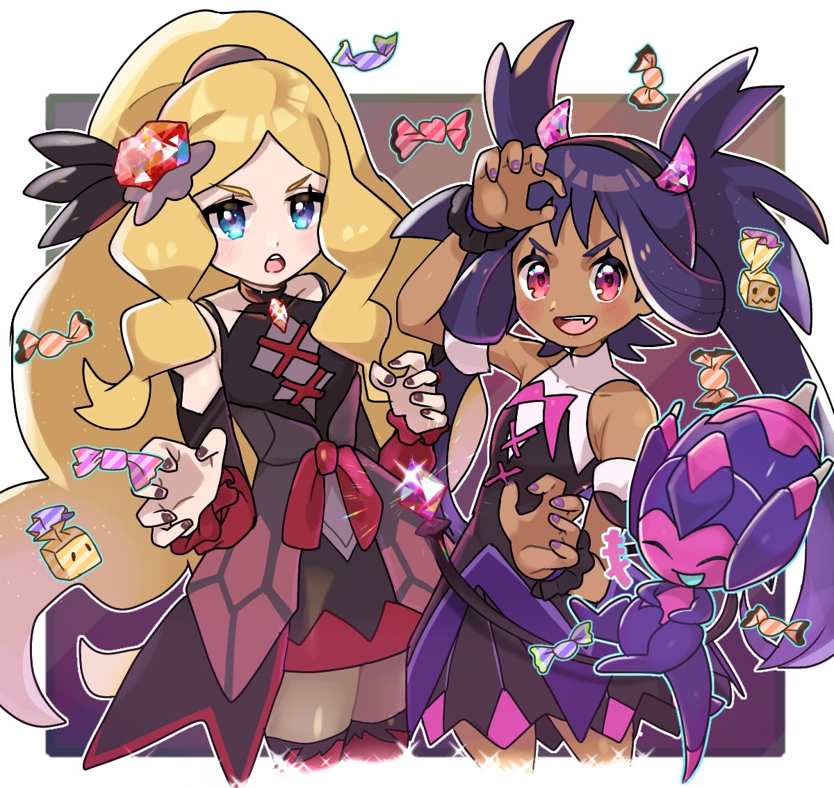 2girls, armlet, bangs, bare_shoulders, blonde_hair, blue_eyes, blush, caitlin_(fall_2021)_(pokemon)