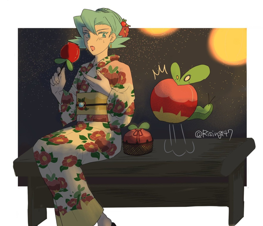 1girl, :o, =3, alternate_costume, alternate_hairstyle, apple_print, applin, bangs