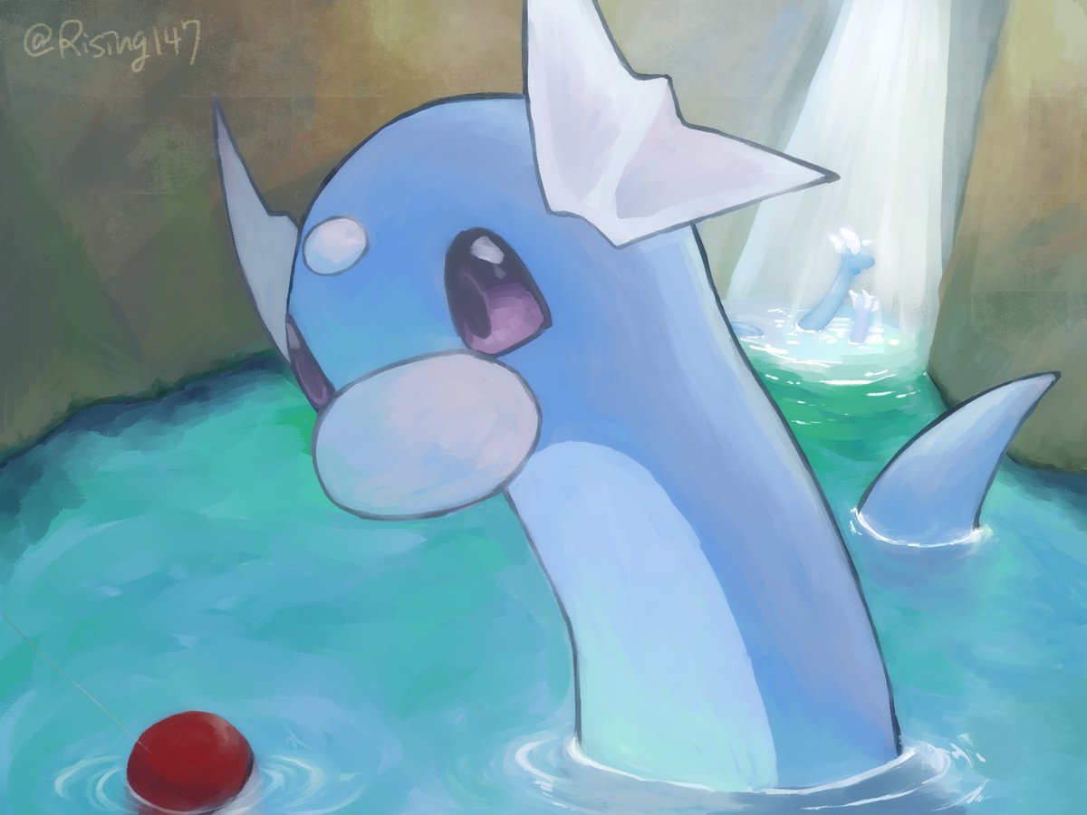 afloat, commentary_request, dragonair, dratini, full_body, looking_down, no_humans, open_mouth