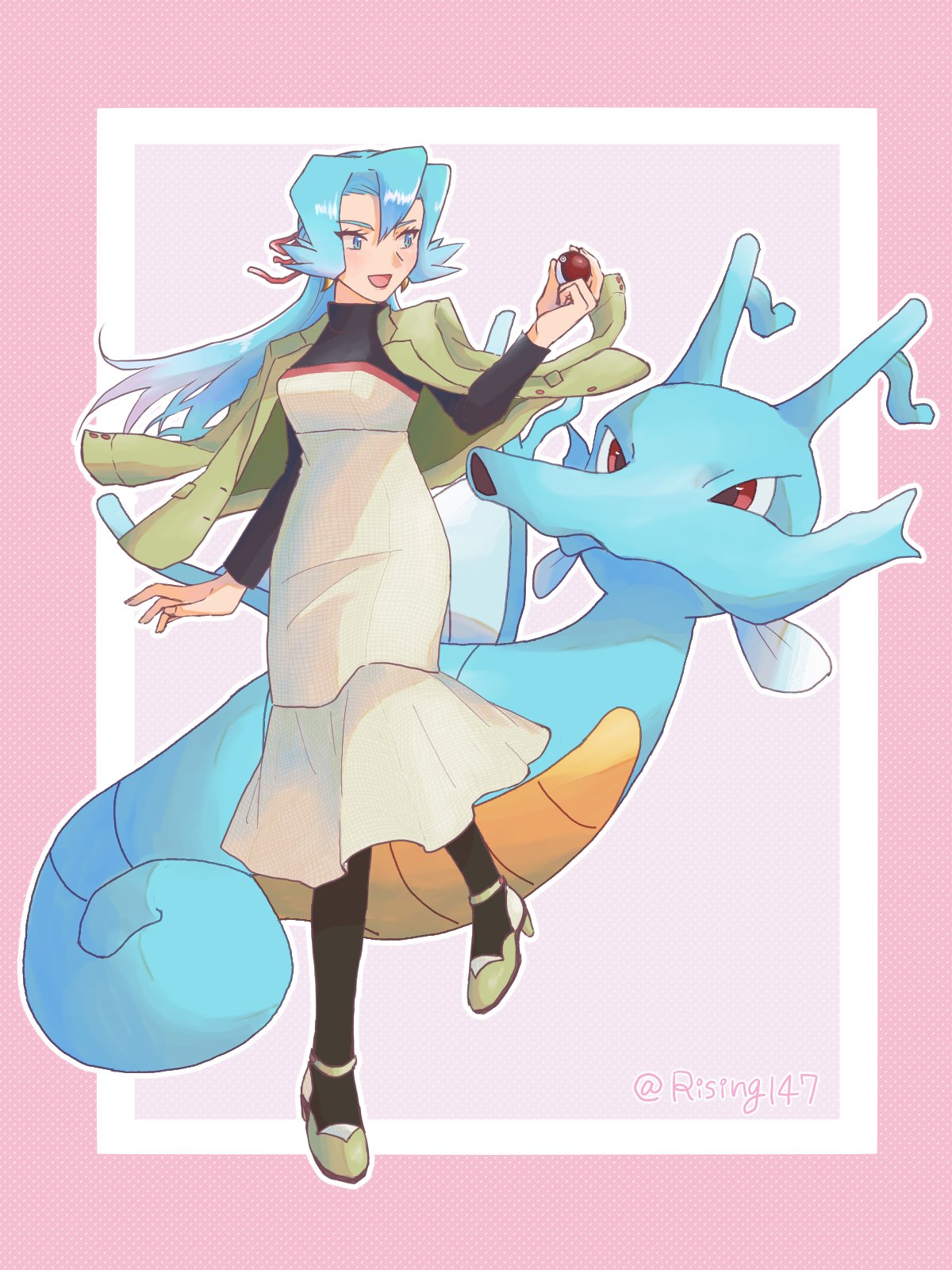 1boy, 1girl, :d, alternate_costume, bangs, black_pantyhose, blue_eyes, blue_hair, border, clair_(pokemon), commentary_request, dress, earrings, green_jacket, hand_up, highres, holding, holding_poke_ball, jacket, jacket_on_shoulders, jewelry, kingdra, long_hair, open_mouth, pantyhose, pink_border, poke_ball, poke_ball_(basic), pokemon, pokemon_(creature), pokemon_(game), pokemon_hgss, polka_dot_background, ponytail, rising147, shoes, smile, twitter_username
