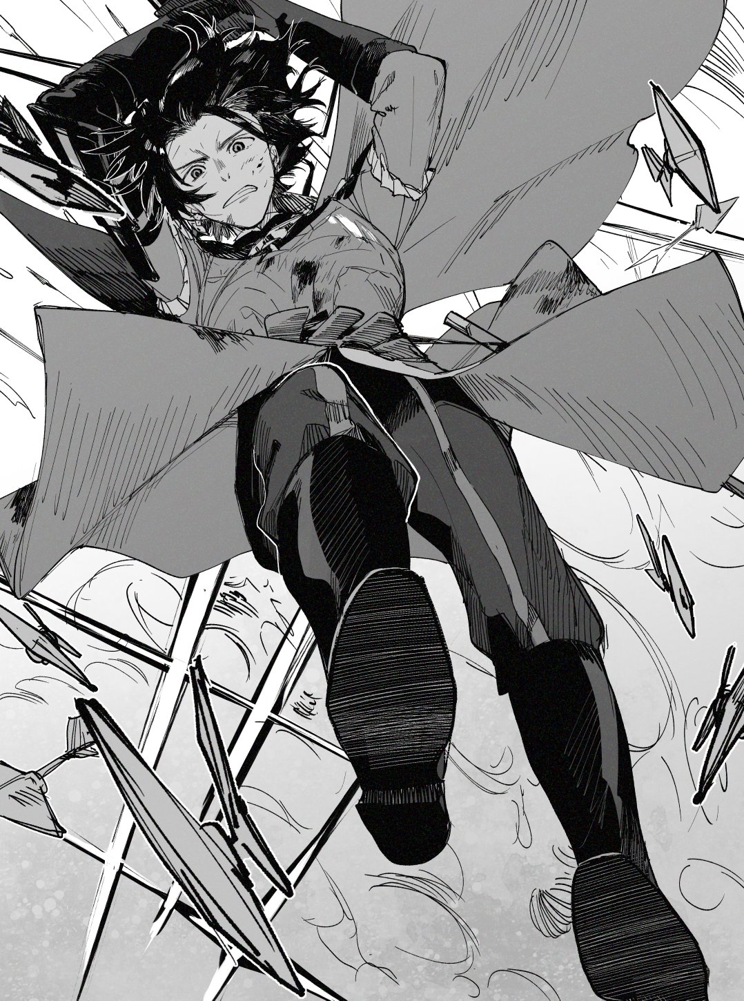 1boy, armor, arms_up, arrow_(projectile), blood, blood_on_clothes, blood_on_face, boots