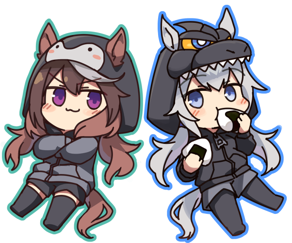 2girls, :3, alternate_costume, animal_ears, animal_hood, black_thighhighs, blue_eyes, brown_hair