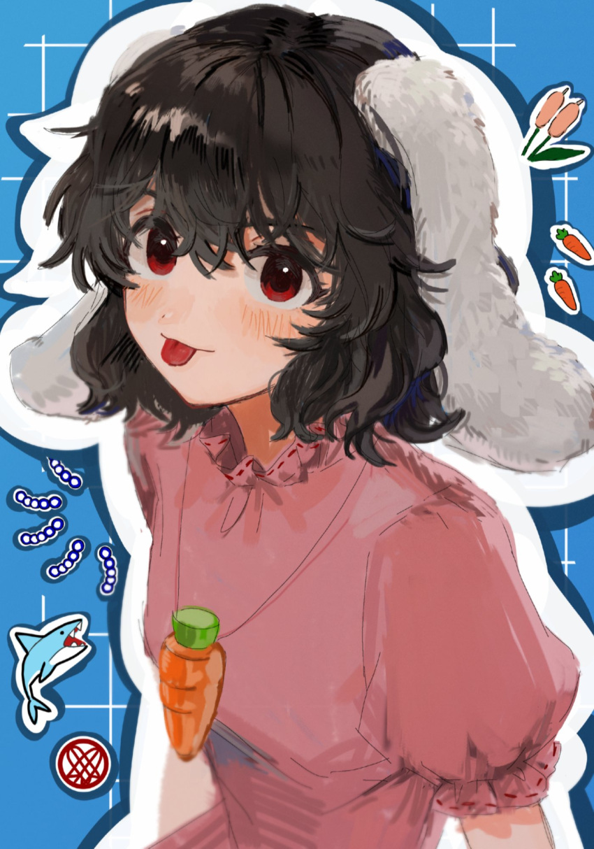 1girl, :p, animal_ears, b_nosk101, black_hair, blush, bunny_ears, carrot