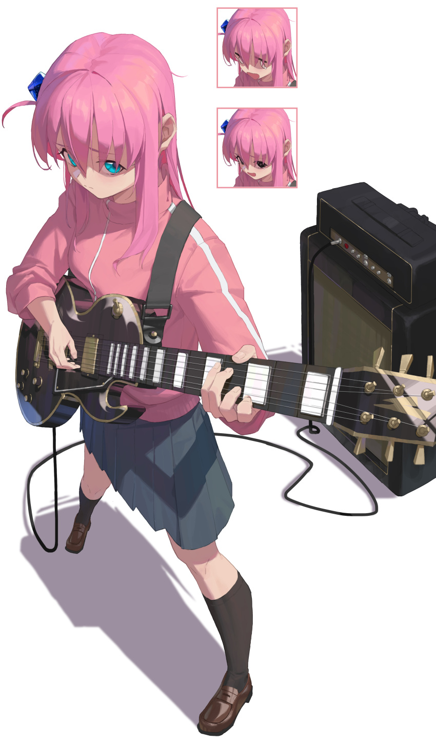 1girl, absurdres, amplifier, blue_eyes, bocchi_the_rock!, electric_guitar, full_body, gotou_hitori