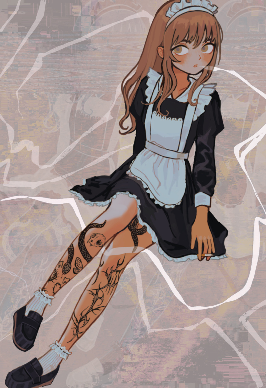 1girl, abstract_background, ankle_socks, apron, bangs, between_fingers, black_dress, black_footwear, blowing_smoke, bobby_socks, brown_eyes, brown_hair, butterfly_tattoo, cigarette, collared_dress, dress, english_commentary, eyebrows_hidden_by_hair, frilled_apron, frilled_hairband, frilled_socks, frills, full_body, hairband, highres, holding, holding_cigarette, invisible_chair, io_(onisarashi), juliet_sleeves, knees_together_feet_apart, leg_tattoo, legs, loafers, long_hair, long_sleeves, looking_at_viewer, looking_to_the_side, maid, maid_headdress, original, parted_lips, petticoat, puffy_sleeves, ribbed_legwear, ribbed_socks, ribbon-trimmed_legwear, ribbon_trim, shoes, short_apron, short_dress, sitting, skull_tattoo, smoke, smoking, snake_tattoo, socks, solo, tattoo, white_apron, white_hairband, white_socks, wing_collar