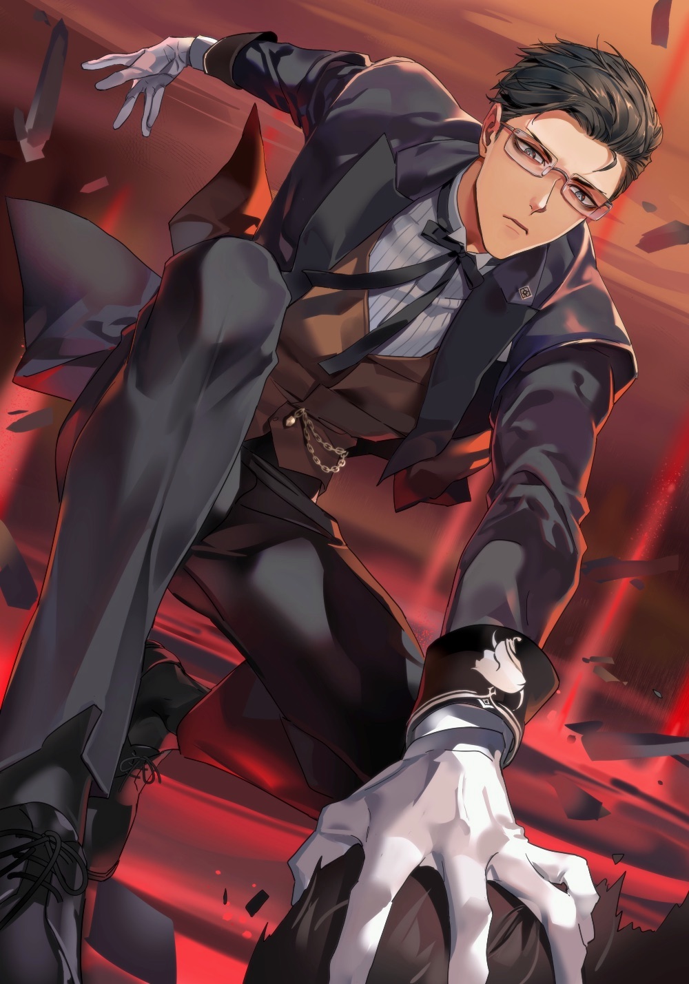 1boy, 2boys, black_hair, black_pants, black_suit, bow, bowtie, butler